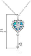 .925 Sterling Silver, Heart Shaped Lab-Created Blue Green Opal Inlay & Lab-Grown White Sapphire Milgrain Edged Heart Key Pendant Necklace - 18