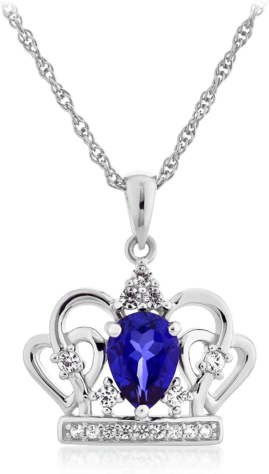 .925 Sterling Silver Lab Grown Pear Blue Sapphire & Lab Grown White Sapphire Heart Filigree Tiara Pendant Necklace on 18" Rope Chain