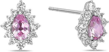 .925 Sterling Silver, Pear Cut Lab-Grown Gemstone & Round Lab-Grown White Sapphire Halo Teardrop Drop Style Stud Earrings - Choice of Gem Color