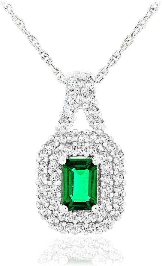 .925 Sterling Silver Emerald Shape Created Emerald and Round Created White Sapphire Double Halo Pendant Necklace - 18"
