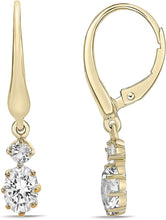 14K Yellow Gold Plated .925 Sterling Silver Oval Cut Birthstone & Created White Sapphire Leverback Dangle Earrings - Choice of Birthstone/Month