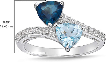 .925 Sterling Silver, Trillion Cut Swiss Blue Topaz and London Blue Topaz & Lab Grown White Sapphire Tonal Bypass Style Engagement Ring