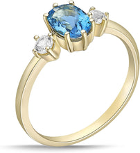 14K Yellow Gold Plated .925 Sterling Silver Oval Cut Birthstone & Created White Sapphire Three Stone Engagement Ring - Choice of Birthstone/Month