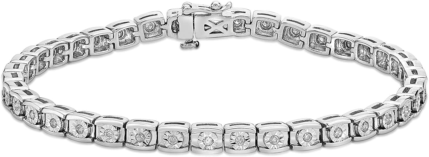.925 Sterling Silver 1/2 Cttw Diamond Miracle Plate Channel Set in Curved Rectangular Links Tennis Bracelet (I-J Color, I2-I3 Clarity) - 7-1/4"
