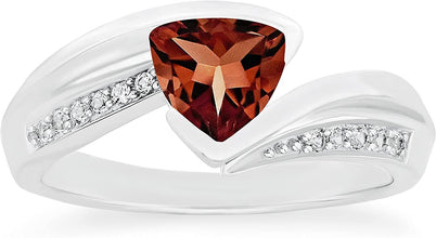 .925 Sterling Silver Trillion-Cut Birthstone & Lab Grown White Sapphire or CZ Double Shank Bypass Style Fashion Ring - Choice of Gem Color/Month