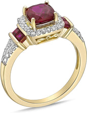 10K Yellow Gold, Cushion and Princess Cut Lab Created Gemstone & Lab Created White Sapphire Halo Fluted Engagement Ring - Choice of Color