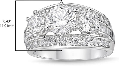 .925 Sterling Silver Round Brilliant Cubic Zirconia Three Stone Wide Three Channel Baguette Cathedral Engagement Ring