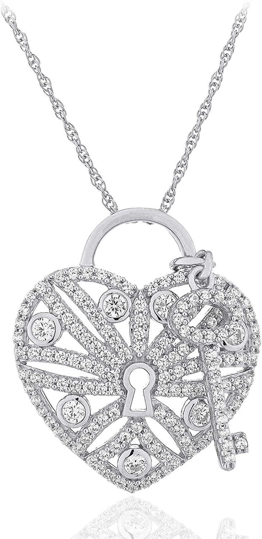 .925 Sterling Silver Cubic Zirconia Heart Lock and Key Pendant Necklace with 18" Rope Chain