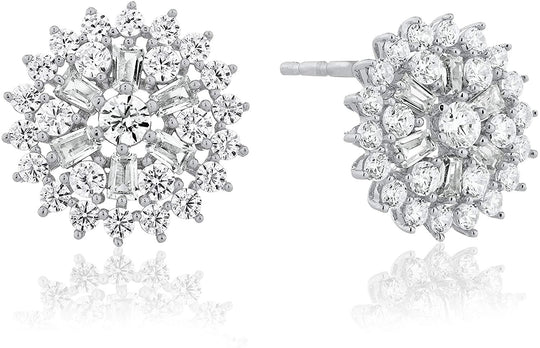 .925 Sterling Silver Round & Baguette Cut Cubic Zirconia Snowflake Cluster Stud Earrings