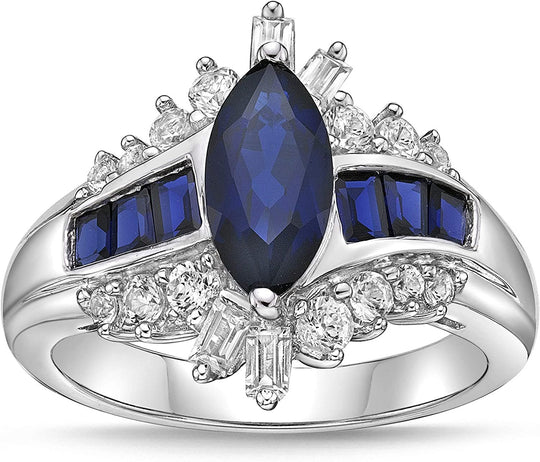 .925 Sterling Silver, Marquise and Baguette Cut Lab Grown Gem & Lab-Grown White Sapphire Wavy Channel Set Engagement Ring - Choice of Gem Color