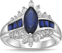 .925 Sterling Silver, Marquise and Baguette Cut Lab Grown Gem & Lab-Grown White Sapphire Wavy Channel Set Engagement Ring - Choice of Gem Color