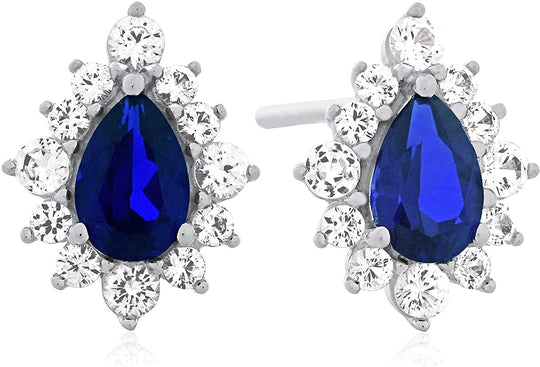 .925 Sterling Silver, Pear Cut Lab-Grown Gemstone & Round Lab-Grown White Sapphire Halo Teardrop Drop Style Stud Earrings - Choice of Gem Color