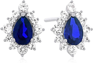 .925 Sterling Silver, Pear Cut Lab-Grown Gemstone & Round Lab-Grown White Sapphire Halo Teardrop Drop Style Stud Earrings - Choice of Gem Color