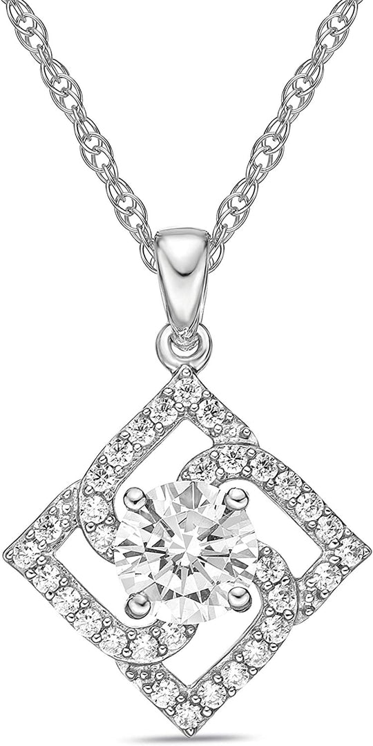 .925 Sterling Silver White Cubic Zirconia Hypnotizing Square Shaped Spiral with Round Gem Inside Pendant Necklace with Rope Chain - 20”