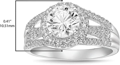.925 Sterling Silver Round Brilliant Cubic Zirconia Halo Style Wide Three Part Split Shank Engagement Ring