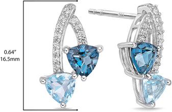 .925 Sterling Silver, Trillion Cut Swiss Blue Topaz and London Blue Topaz & Lab Grown White Sapphire 5/8