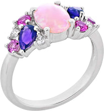 .925 Sterling Silver Oval Cabochon Lab Created Pink Opal Fashion Ring with Natural Amethyst and Created Pink Sapphire Side Stones