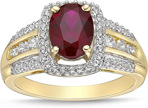 10K Yellow Gold, Lab Created Oval Gemstone & Lab Created White Sapphire Cushion Halo Fluted Filigree Cathedral Style Engagement Ring - Choice of Color