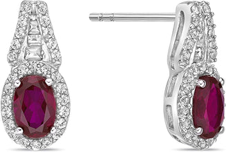 .925 Sterling Silver, Oval Cut Lab-Grown Gemstone & Round + Baguette Cut Lab-Grown White Sapphire Halo Drop Style Stud Earrings - Choice of Gem Color