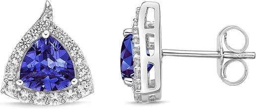 .925 Sterling Silver Trillion Cut Birthstone & Created White Sapphire Halo Stud Earrings - Choice of Birthstone/Month