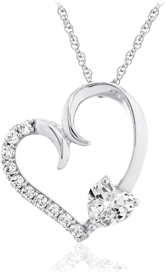.925 Sterling Silver Round & Heart Cut White Cubic Zirconia Open Heart Pendant Necklace with Delicate Rope Chain - 20”