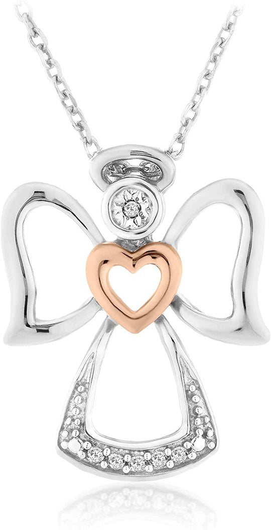 10K Rose Gold Plated .925 Sterling Silver Diamond Accented Angel with Heart Pendant Necklace with Cable Chain - 18” (I-J Color, I2-I3 Clarity)