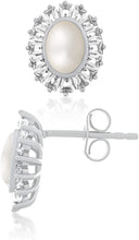 .925 Sterling Silver, 7-7.5mm Oval Freshwater Cultured White Pearl & Trapezoid Shaped Lab-Grown White Sapphire Halo Pushback Stud Earrings