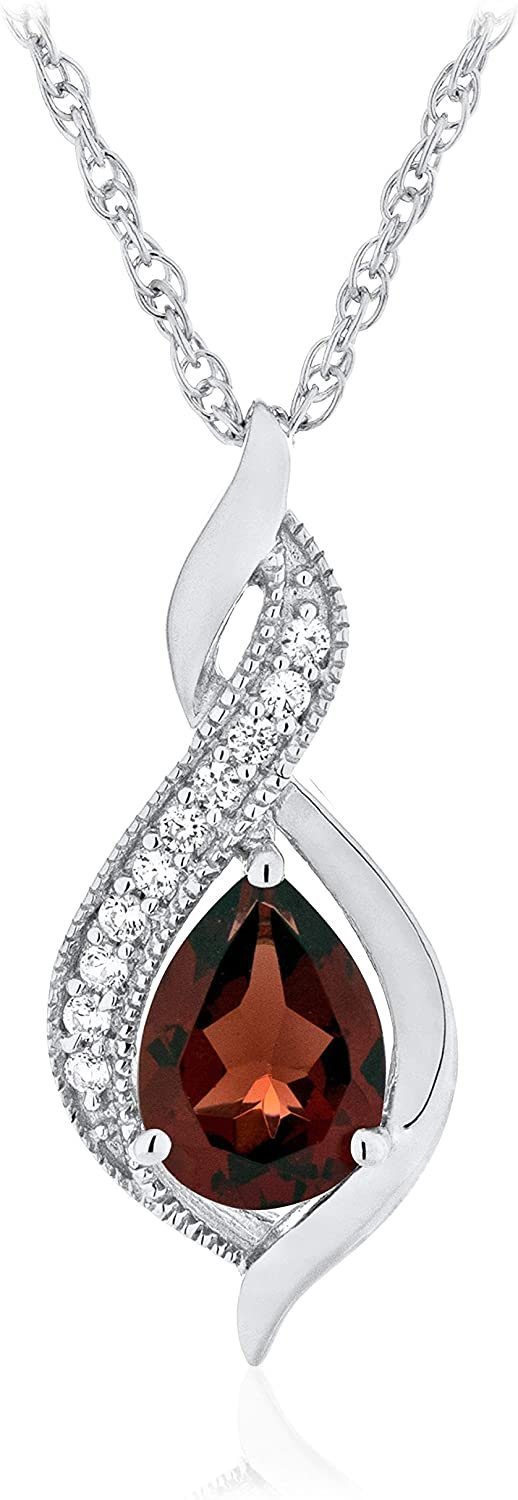 Sterling Silver Pear Birthstone & Lab Grown White Sapphire or CZ Milgrain Twist Pendant Necklace with 18" Rope Chain - Choice of Gem Color/Month