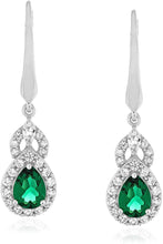 Sterling Silver Teardrop Birthstone & Lab Grown White Sapphire or CZ Art Deco Drop Hinged Latch Back Dangle Earrings - Choice of Gem Color/Month