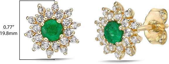 10K Yellow Gold Round Genuine Precious Gemstone & White Topaz Halo Stud Earrings