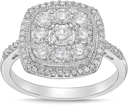 .925 Sterling Silver & 1.0 Cttw Diamond Cluster with Halo 1/2” Square Cushion Shaped Statement Ring (I-J Color, I2-I3 Clarity)