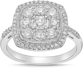 .925 Sterling Silver & 1.0 Cttw Diamond Cluster with Halo 1/2” Square Cushion Shaped Statement Ring (I-J Color, I2-I3 Clarity)