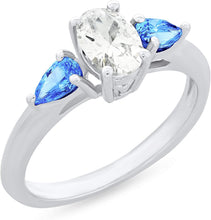 .925 Sterling Silver, Oval Cut White Cubic Zirconia & Fancy Blue Pear Cut Swarovski Zirconia Three Stone Anniversary or Engagement Ring