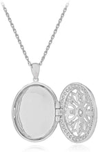.925 Sterling Silver Cubic Zirconia Oval Filigree Locket Pendant Necklace with 18