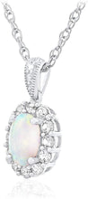 .925 Sterling Silver, Oval Shaped Lab Created White Opal Cabochon & Lab Created White Sapphire Halo Pendant Necklace with Delicate Rope Chain - 18”