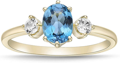 14K Yellow Gold Plated .925 Sterling Silver Oval Cut Birthstone & Created White Sapphire Three Stone Engagement Ring - Choice of Birthstone/Month