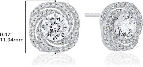.925 Sterling Silver Round Cubic Zirconia Pinwheel Spiral Double Halo Pushback Stud Earrings