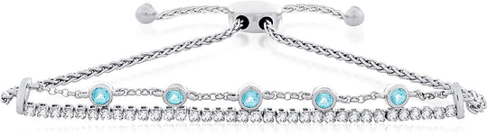 .925 Sterling Silver Swiss Blue and White Topaz Double Strand Adjustable Bolo Bracelet
