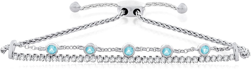 .925 Sterling Silver Swiss Blue and White Topaz Double Strand Adjustable Bolo Bracelet