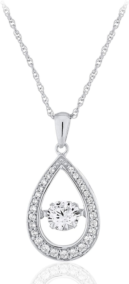 .925 Sterling Silver & Round Cubic Zirconia 1" Open Teardrop Pendant with Graduated Gems and Dancing Premium Cubic Zirconia Inside with Delicate Rope Chain Necklace - 18”