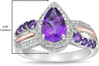 Two Tone 10K Rose Gold & .925 Sterling Silver, Pear Cut Amethyst with Diamond Accented Halo Twist Engagement Ring (I Color, I3 Clarity)