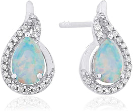 .925 Sterling Silver Pear-Shaped Birthstone & Lab Grown White Sapphire or CZ Teardrop Stud Earrings - Choice of Gem Color/Month
