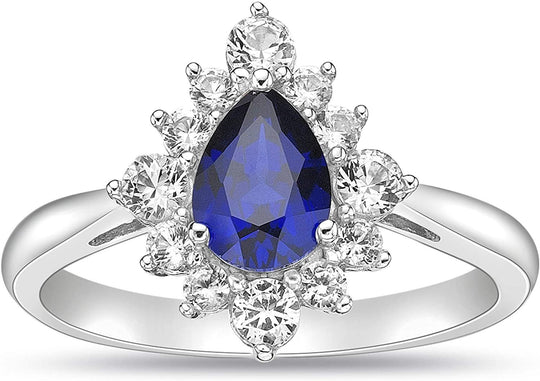 .925 Sterling Silver, Pear Cut Lab-Grown Gemstone & Round Lab-Grown White Sapphire Halo Teardrop Engagement Ring - Choice of Gem Color