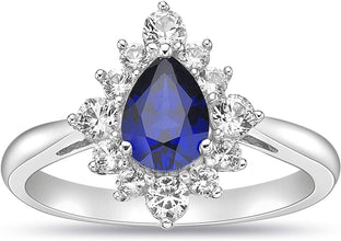 .925 Sterling Silver, Pear Cut Lab-Grown Gemstone & Round Lab-Grown White Sapphire Halo Teardrop Engagement Ring - Choice of Gem Color