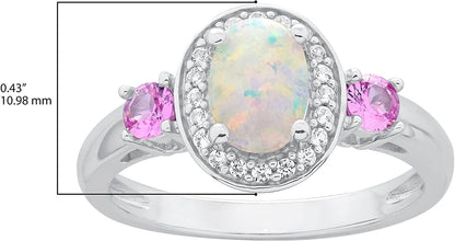 .925 Sterling Silver, Oval Lab-Grown White Opal Cabochon & Lab-Grown Pink and White Sapphire 3 Stone with Halo Engagement or Anniversary Ring