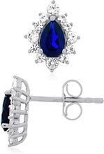 .925 Sterling Silver, Pear Cut Lab-Grown Gemstone & Round Lab-Grown White Sapphire Halo Teardrop Drop Style Stud Earrings - Choice of Gem Color