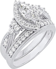 .925 Sterling Silver Cubic Zirconia Marqise Halo Milgrain Engagement Ring with Half-Eternity Wedding Band Bridal Set