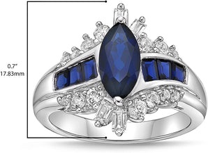 .925 Sterling Silver, Marquise and Baguette Cut Lab Grown Gem & Lab-Grown White Sapphire Wavy Channel Set Engagement Ring - Choice of Gem Color