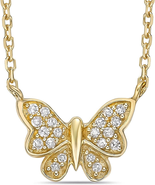 10K Yellow Gold Diamond Accented Butterfly Pendant Necklace with Rope Chain - 20” (H-I Color, I1-I2 Clarity)