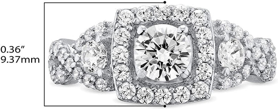.925 Sterling Silver Round Brilliant Cut Cubic Zirconia Cushion Halo Three Stone Infinity Twist Engagement Ring